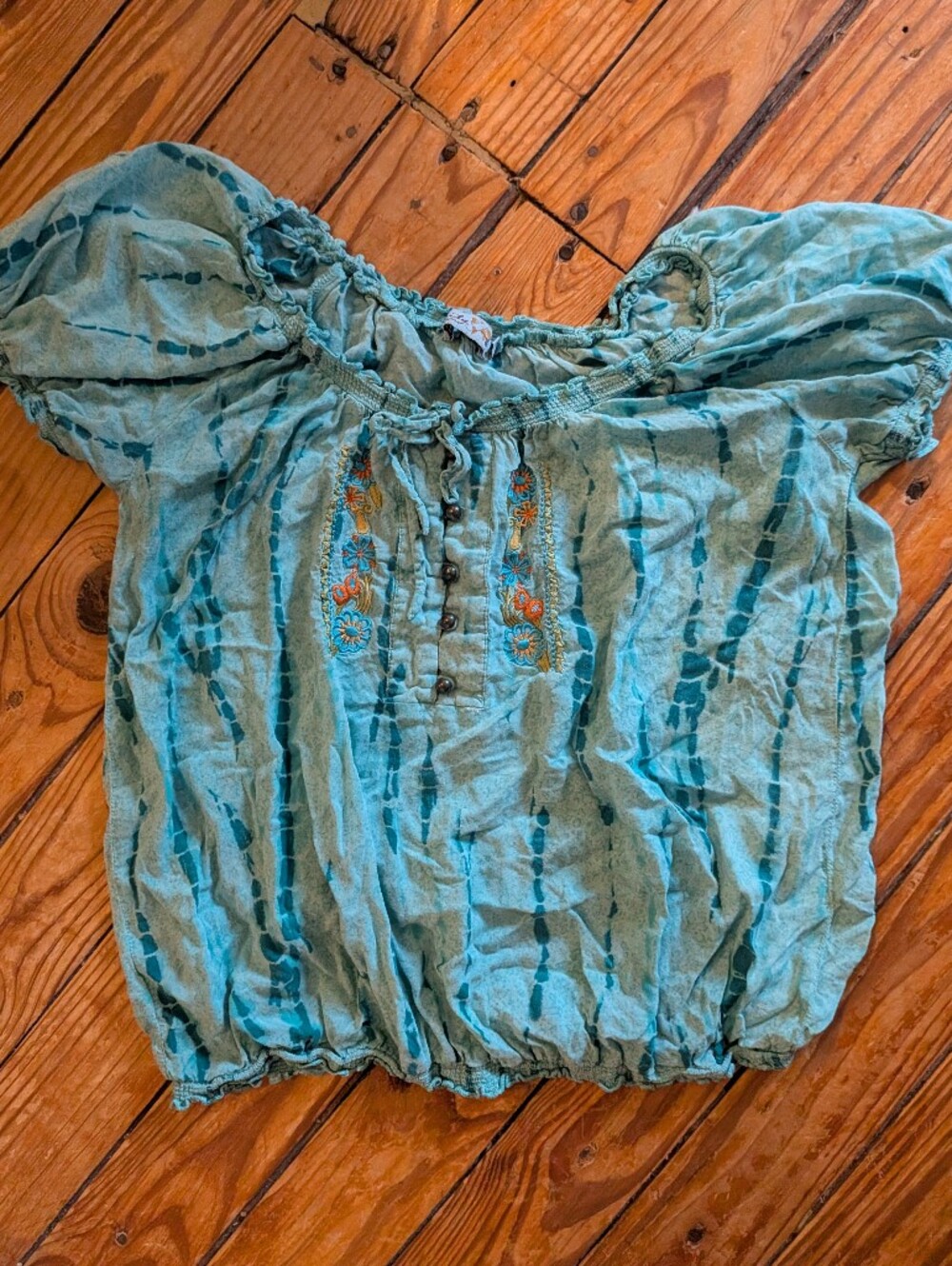 Unity World Wear Teal Blue Tie-Dye Embroidered Peasant Top